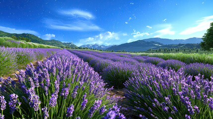 Fototapeta premium Vibrant lavender field stretches across landscape, showcasing rows of blooming purple flowers clear blue sky. serene atmosphere evokes sense