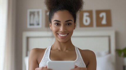 cheerful young woman checking her progress on a smart scale in her bedroom, wearing fitness attire, with motivational quotes on the wall behind her