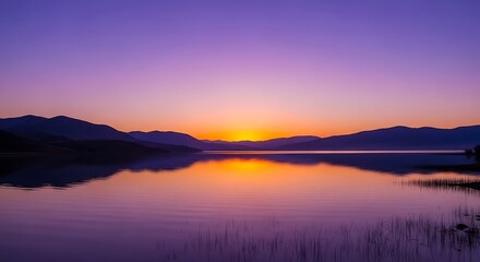 Obraz premium Serene Sunset over Calm Lake and Mountains.