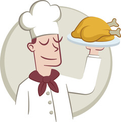 Chef holding a tray with a roasted chicken. Illustration of a young chef holding a tray with a delicious roasted chicken.
