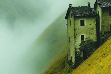 Misty mountainside village with weathered, two-story house
