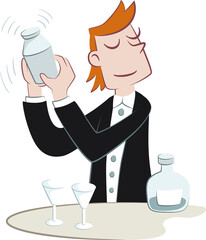 Smiling waiter shaking drink in cocktail shaker. Illustration of a smiling waiter preparing a cocktail.