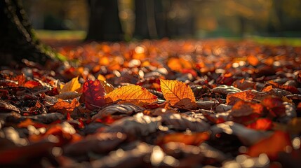 A close-up view of vibrant fall foliage, showcasing a carpet of colorful leaves illuminated by the warm, golden sunlight.