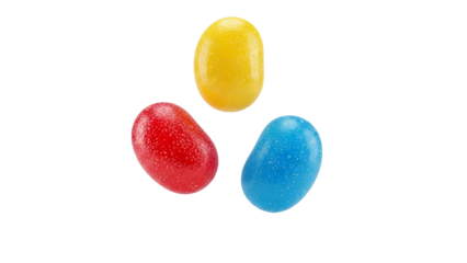 Three colorful jelly beans, yellow, red, and blue, arranged in a loose triangle against a black background