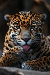 Obraz premium A jaguar is licking its paw. The animal is resting on a rock. The scene is peaceful and calm