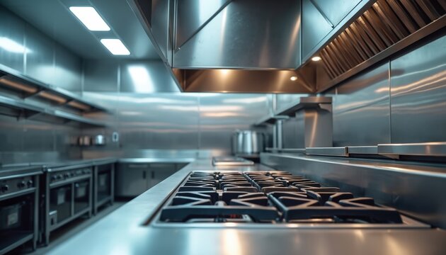 Modern commercial kitchen equipment in stainless steel. Range, grill, ventilation hood. Polished surfaces. Restaurant, eatery utensils. Pro cooking, food preparation. Clean design, high-end