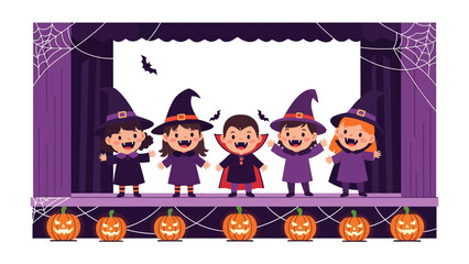 Fototapeta premium Halloween Celebration: A stage is set with spooky decorations as cheerful children dressed in festive Halloween costumes perform. Capturing the joy of Halloween and the spirit of celebration.