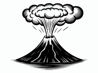 Stylized Volcano Eruption Illustration Black and White Geology Mountain Nature Scene Depicting Volcanic Activity and Environmental Impact Design Element