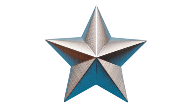 Blue Metallic Star with Transparent Background, 3D Glossy Design Element