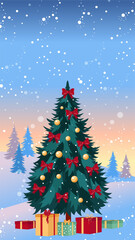 Decorated Christmas tree against the backdrop of a winter landscape. Christmas and New Year festive vertical social media template or flyer background.