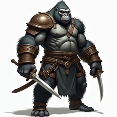Fototapeta premium Illustration of gorilla warrior with swords. Anime style gorilla in armor with muscular body, is ready for battle. Fantasy creature, mediaeval warrior, cyborg soldier on white backdrop.