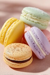 Colorful French Macarons in Pastel Shades on Pink Background