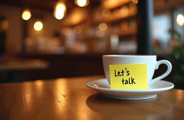 Fototapeta na wymiar Coffee cup with lets talk note on wooden table in cafe. Hot beverage, message reminder on sticky paper. Meeting invitation, discussion, together connection. Conversation over espresso in cafeteria.