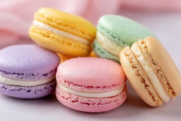 Colorful French Macarons Assorted on Pink Background