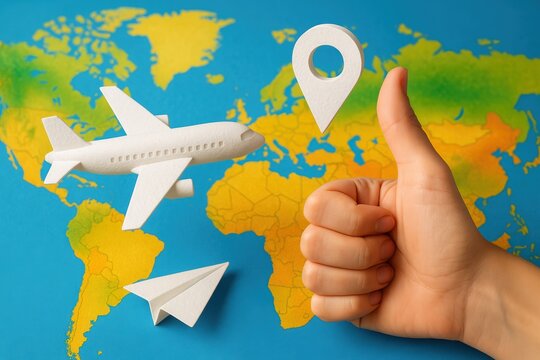 Global Travel : A paper airplane, a model plane and a hand gives a thumbs up sitting on a world map, highlighting the excitement of travel.