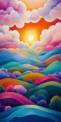 Fototapeta premium Vibrant Abstract Landscape with Colorful Hills and Dramatic Clouds