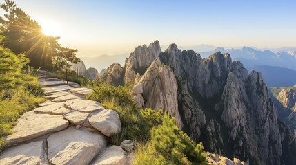 breathtaking view from the top of a mountain, showing an endless sea of jagged peaks