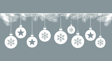 A festive horizontal banner featuring white Christmas ornaments with snowflake and star designs hanging from pine branches against a muted gray background.