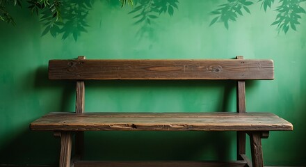 Fototapeta premium Rustic Wooden Bench Against a Green Wall with Leaf Shadows.