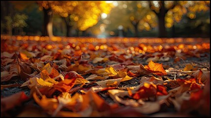 A close-up view of a ground covered in vibrant autumn leaves, bathed in warm sunlight.