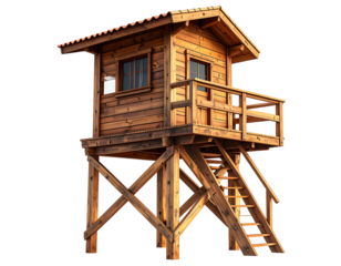 Elevated wooden structure with a shingled roof, small windows, a balcony, and wooden stairs