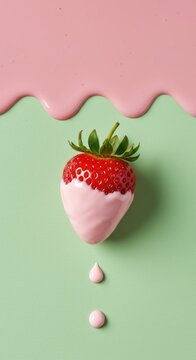 Strawberry Dipped in Pink Cream on Green Background 