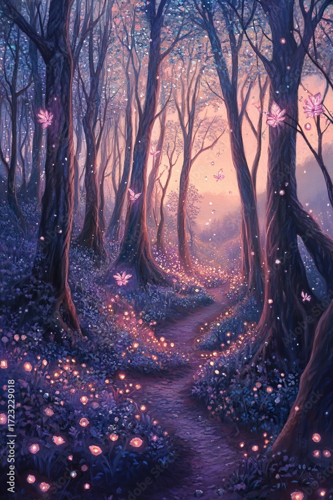 Poster a painting of a forest with a path through it. the path is lit up with lights and there are butterfl