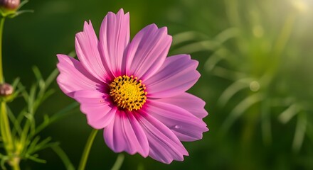Fototapeta premium Radiant Pink Cosmos Flower in Full Bloom Against Green Backdrop.