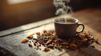 A dark-hued teacup, steaming gently, rests amidst a colourful array of dried herbs and leaves on a weathered wooden surface, bathed in warm sunlight.