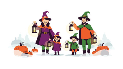 Halloween Family Fun: A family, dressed in whimsical witch costumes and carrying lanterns, gathers to celebrate Halloween amidst pumpkins and a festive spirit. 