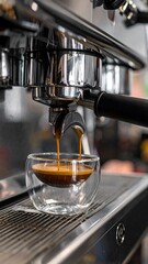 Coffee pouring into a glass cup from a machine