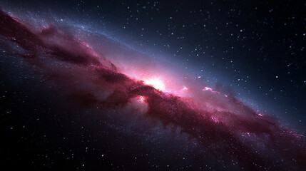 Leuchtende Spiralgalaxie mit rosa und blauen Farbtönen vor sternenklarem Nachthimmel