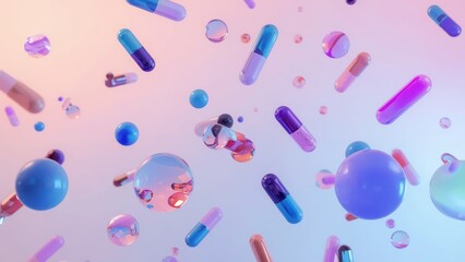 Colorful capsules and spheres levitate against a soft, pastel backdrop, creating a visually appealing and dynamic medical illustration.
