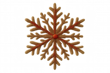 Embroidered snowflake decoration with brown texture and red stitch accents, isolated with transparent background for winter design