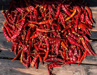 Naklejka premium Assortment of dried red chili peppers on a rustic, dark background. Hot spice for Mexican and Asian cooking.