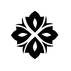 A symmetrical, elegant black and white vector symbol with a floral or geometric design, featuring four stylized petals or leaves in a decorative pattern.