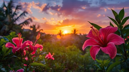 Vibrant pink hibiscus flowers bloom against a backdrop of a stunning sunset, showcasing a tranquil and beautiful tropical scene.