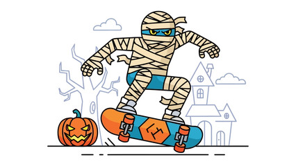 Mummy Skateboarding Halloween: A mummy takes flight on a skateboard, pumpkin stands watching, setting a spooky Halloween scene in a illustration style. 
