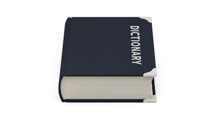 A close-up studio shot of a dark blue dictionary with a white page edge, a study aid for learning new words and language