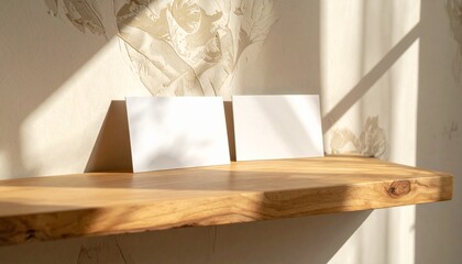 シンプルでナチュラルな木製シェルフに置かれた白紙の名刺二枚のモックアップ、面裏、両面