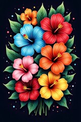 Vibrant hibiscus blossoms in a colorful bouquet, with detailed leaves and a dark background, creating a beautiful and joyful floral design.