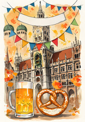 Naklejka premium Watercolor Oktoberfest Illustration Munich City Hall, Beer, Pretzel, Flags. Perfect for Events, Food and Drink, Travel.