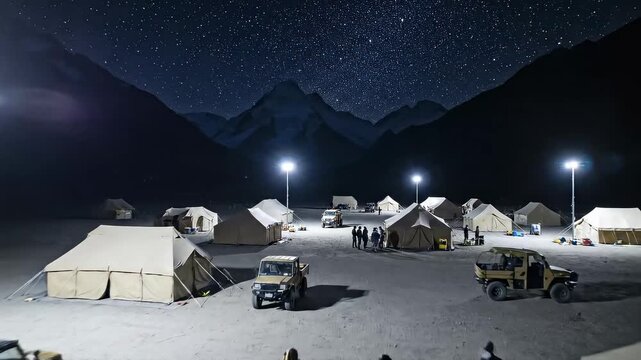 Nighttime Mountain Camp Scene with Tents and Stars.