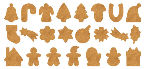 Set of vector silhouettes of Christmas cookies. Gingerbread man, tree, star, snowman, holiday biscuit shapes, festive baking cutters, Xmas decorations