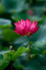 Obraz premium Bright pink lotus flower blooming in the green pond.