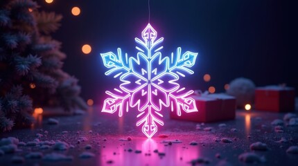 Copo de nieve de neón brillante con colores degradados, fondo festivo minimalista futurista, atmósfera oscura y elegante con brillantes vibraciones navideñas