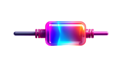 A vibrant, translucent rectangular connector with glowing blue and pink internal light streaks, featuring dark gray metallic ends and a textured midsection