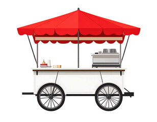 Minimalist White Food Cart with Red Parasol, Front View, isolated 