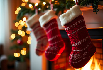 A cozy Christmas scene: woolen socks hanging on a fireplace mantel, with a soft glow of lights. Bokeh effect, warm and inviting atmosphere.