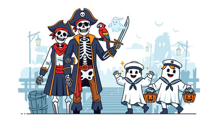 Halloween pirate and sailor ghost kids Illustration: A whimsical illustration depicting a pirate family with a pet parrot and joyful ghost kids, collecting treats.